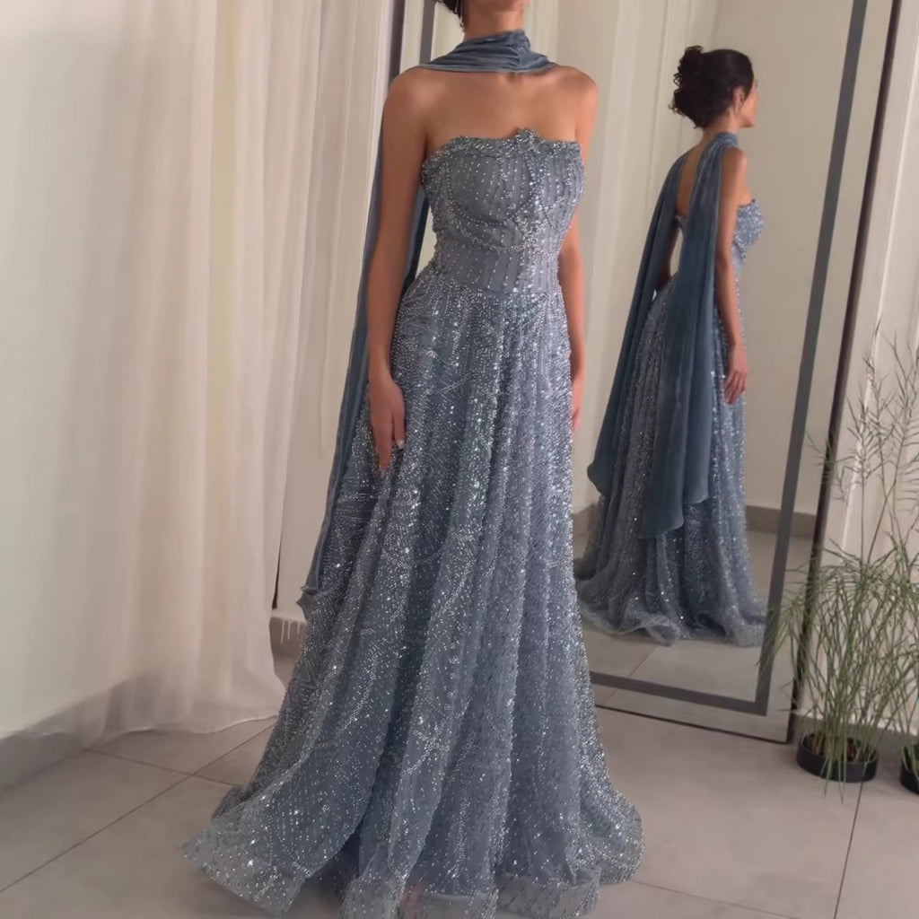 Luxury Blue Beaded A-Line Evening Dress with Cape Scarf CLA73668