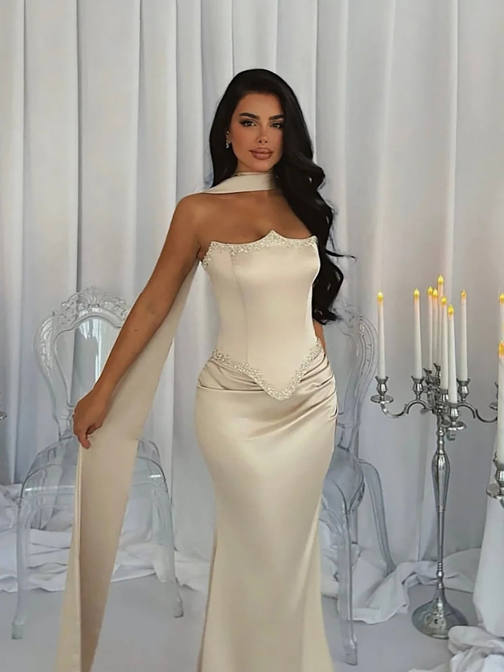 Luxury Cream Beaded Mermaid Prom Dress with Silk Scarf CLA73669