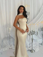 Luxury Cream Beaded Mermaid Prom Dress with Silk Scarf CLA73669