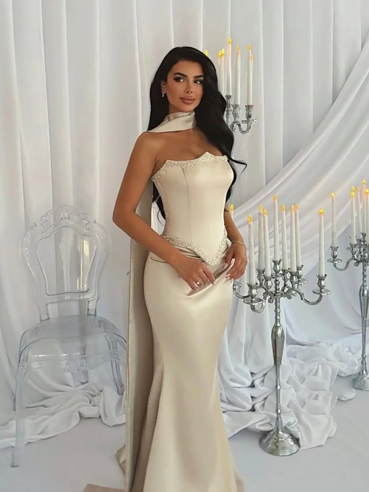 Luxury Cream Beaded Mermaid Prom Dress with Silk Scarf CLA73669