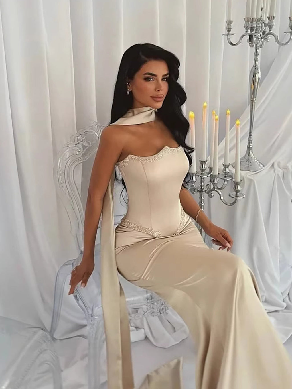 Luxury Cream Beaded Mermaid Prom Dress with Silk Scarf CLA73669