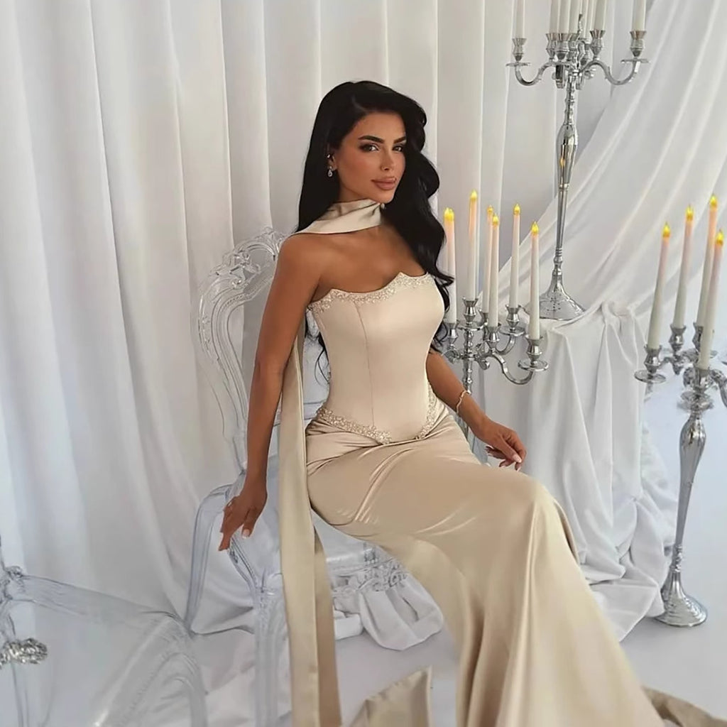 Luxury Cream Beaded Mermaid Prom Dress with Silk Scarf CLA73669