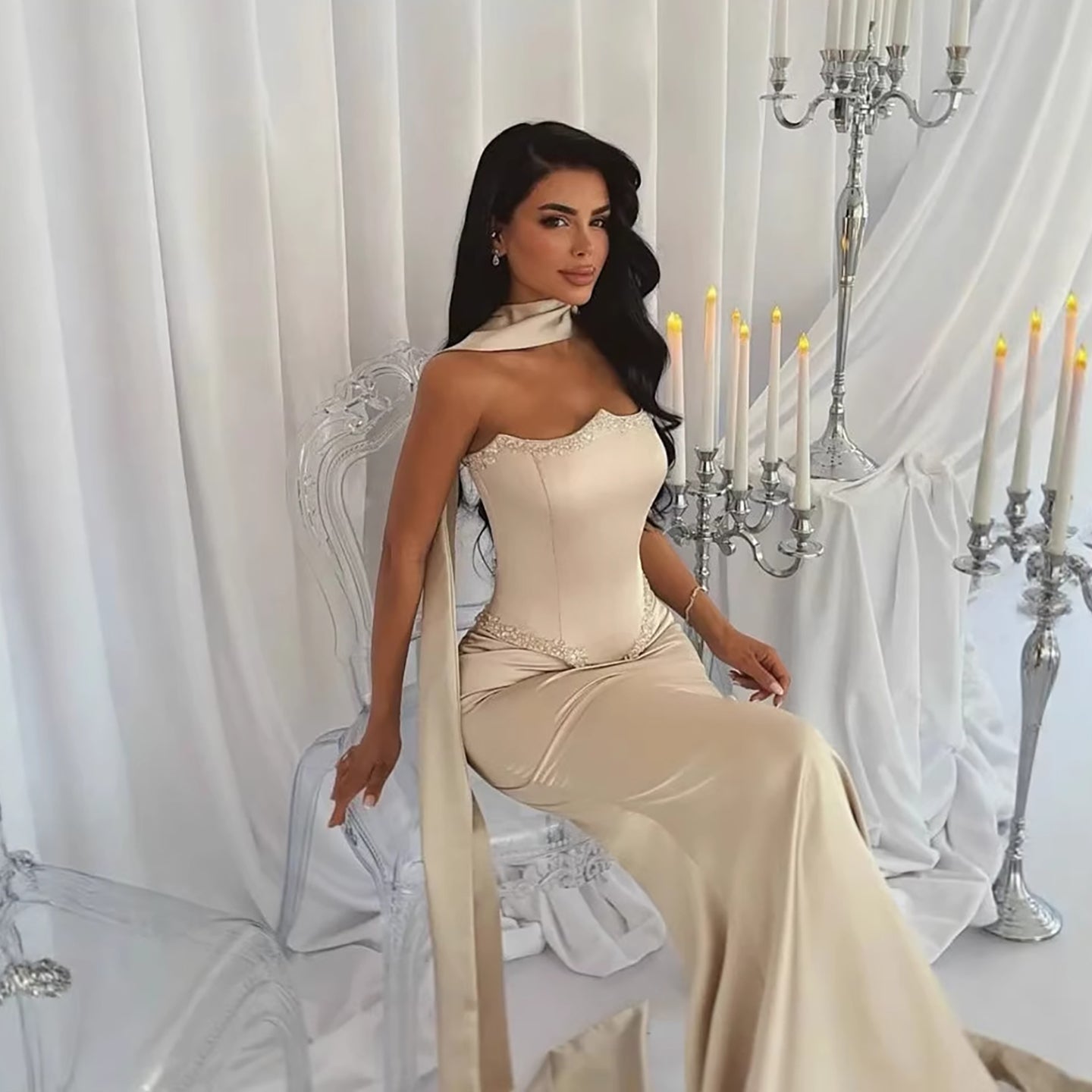 Luxury Cream Beaded Mermaid Prom Dress with Silk Scarf CLA73669