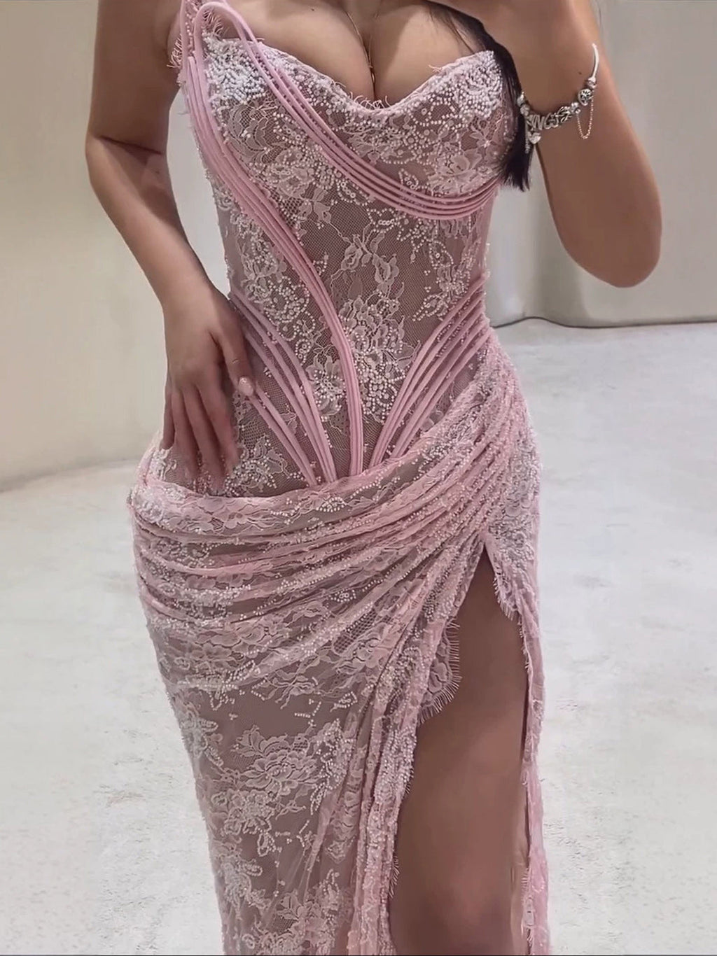 Luxury Pink CLAce Corset Mermaid Slit Evening Dress CLA73670