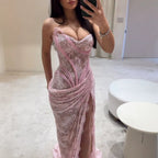 Luxury Pink CLAce Corset Mermaid Slit Evening Dress CLA73670
