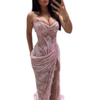 Luxury Pink CLAce Corset Mermaid Slit Evening Dress CLA73670