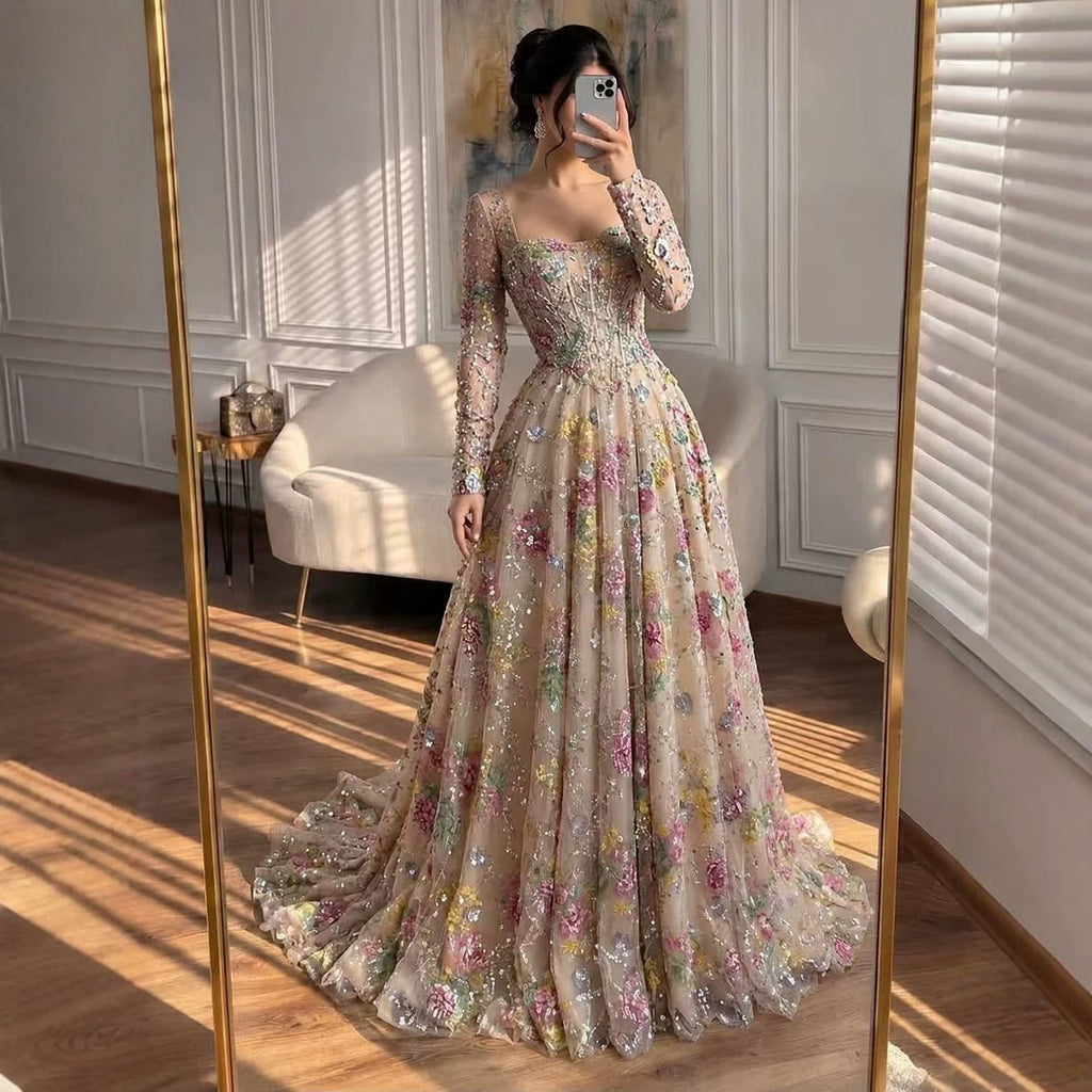 Luxury Nude Pink Colorful Floral Sequin Embroidered A-Line Dress LA73670