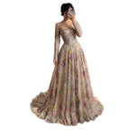 Luxury Nude Pink Colorful Floral Sequin Embroidered A-Line Dress LA73670