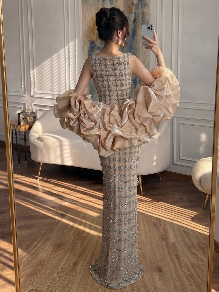 Nude Crystal Floral Beaded Mermaid Evening Gown with Square Neck Detachable Puffy Organza Sleeves CLA73671
