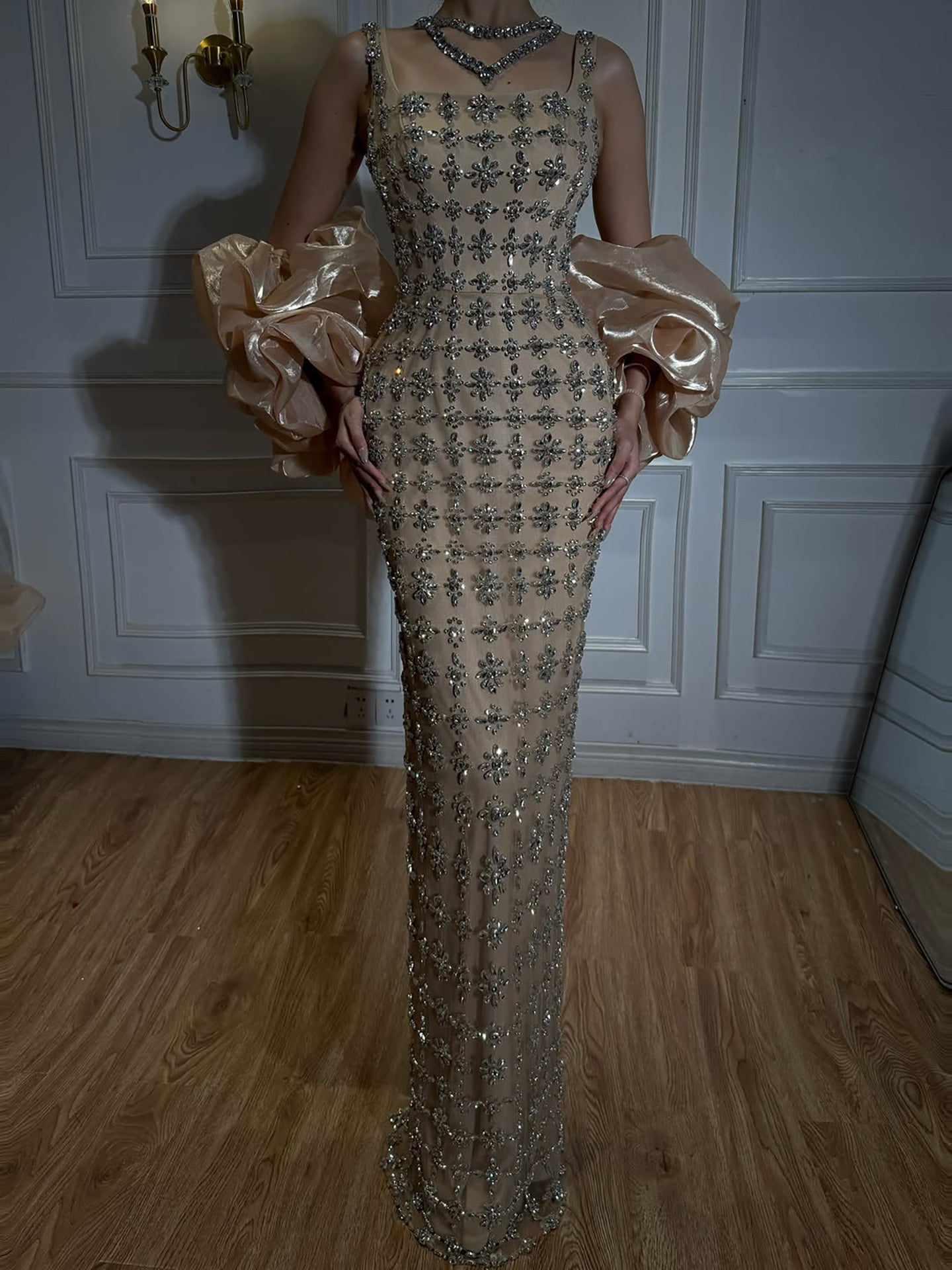 Nude Crystal Floral Beaded Mermaid Evening Gown with Square Neck Detachable Puffy Organza Sleeves CLA73671