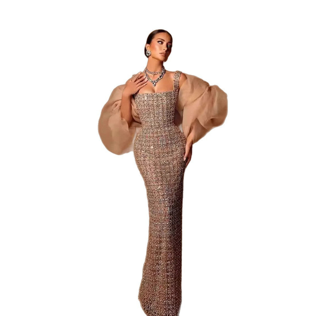 Luxury Nude Beaded Mermaid Evening Dress Puffy Sleeves CLA73671