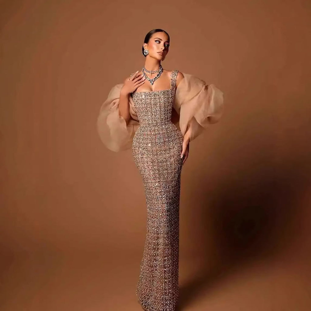 Luxury Nude Beaded Mermaid Evening Dress Puffy Sleeves CLA73671