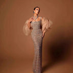 Luxury Nude Beaded Mermaid Evening Dress Puffy Sleeves CLA73671