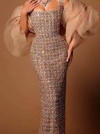 Luxury Nude Beaded Mermaid Evening Dress Puffy Sleeves CLA73671