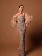 Luxury Nude Beaded Mermaid Evening Dress Puffy Sleeves CLA73671