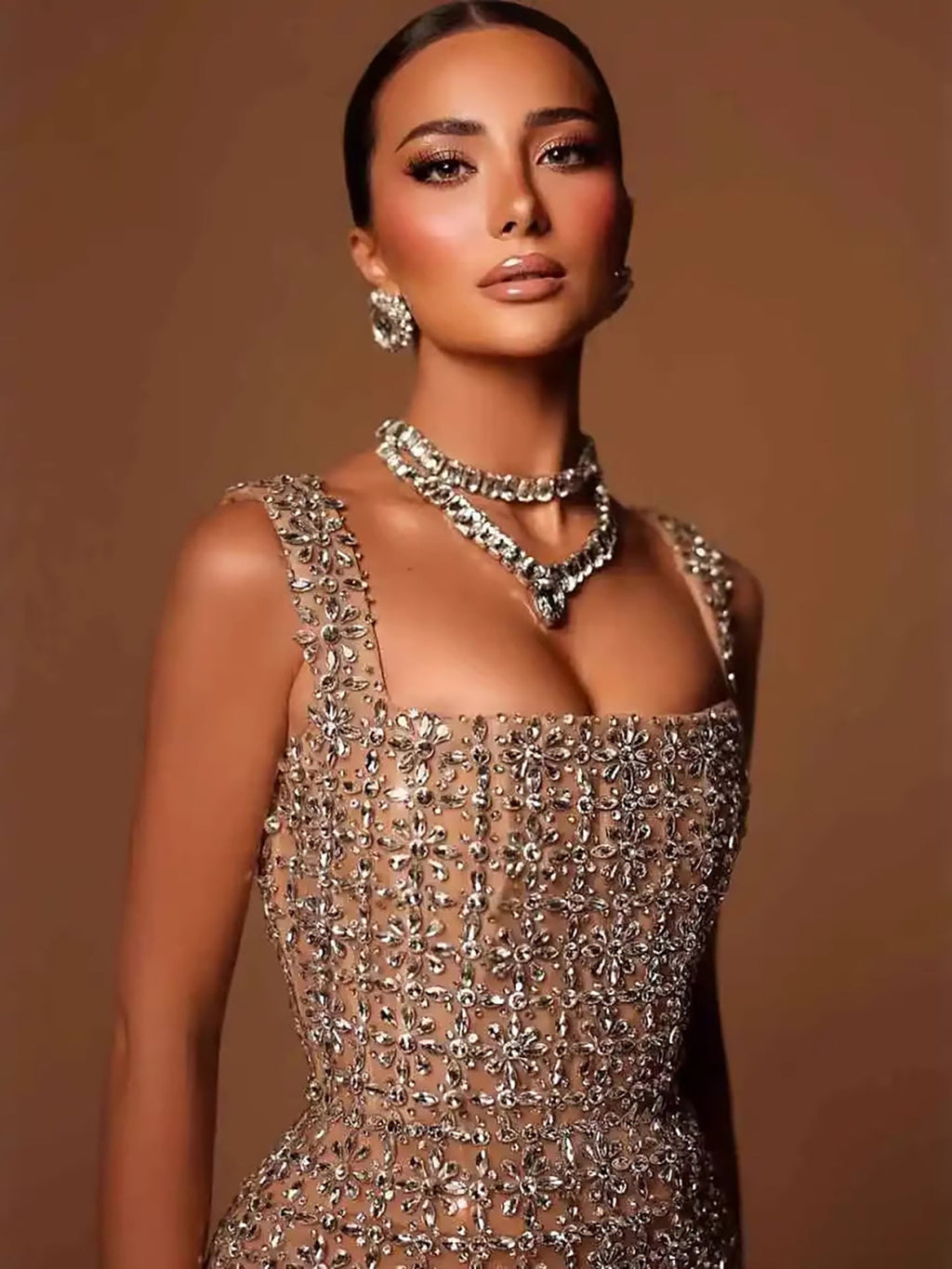 Luxury Nude Beaded Mermaid Evening Dress Puffy Sleeves CLA73671