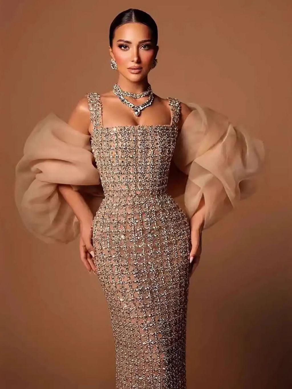 Luxury Nude Beaded Mermaid Evening Dress Puffy Sleeves CLA73671