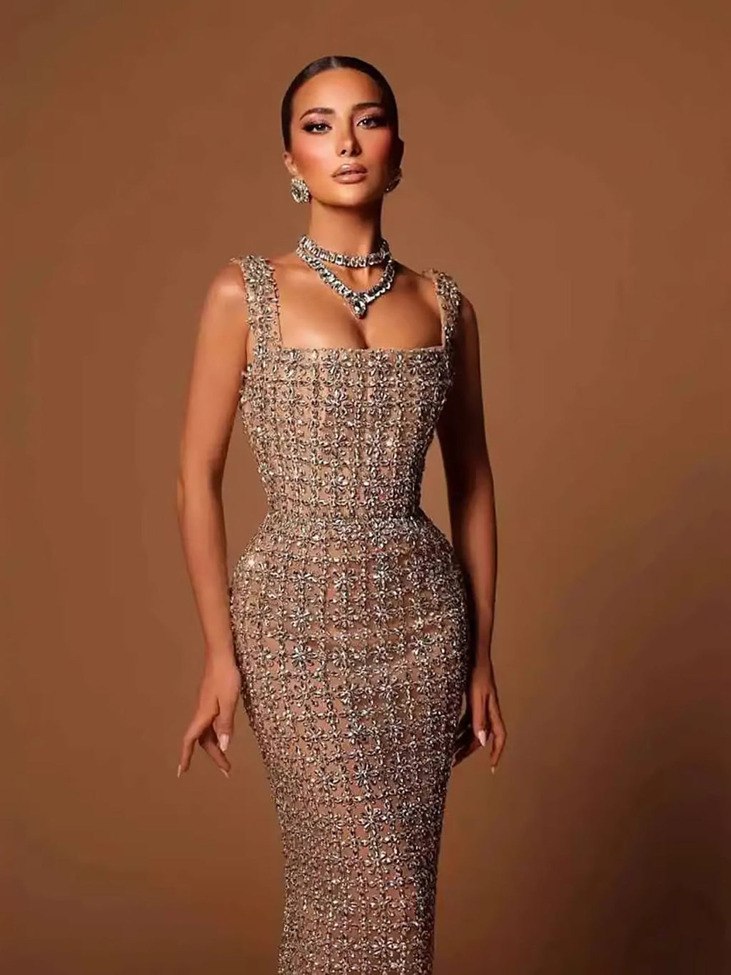 Luxury Nude Beaded Mermaid Evening Dress Puffy Sleeves CLA73671