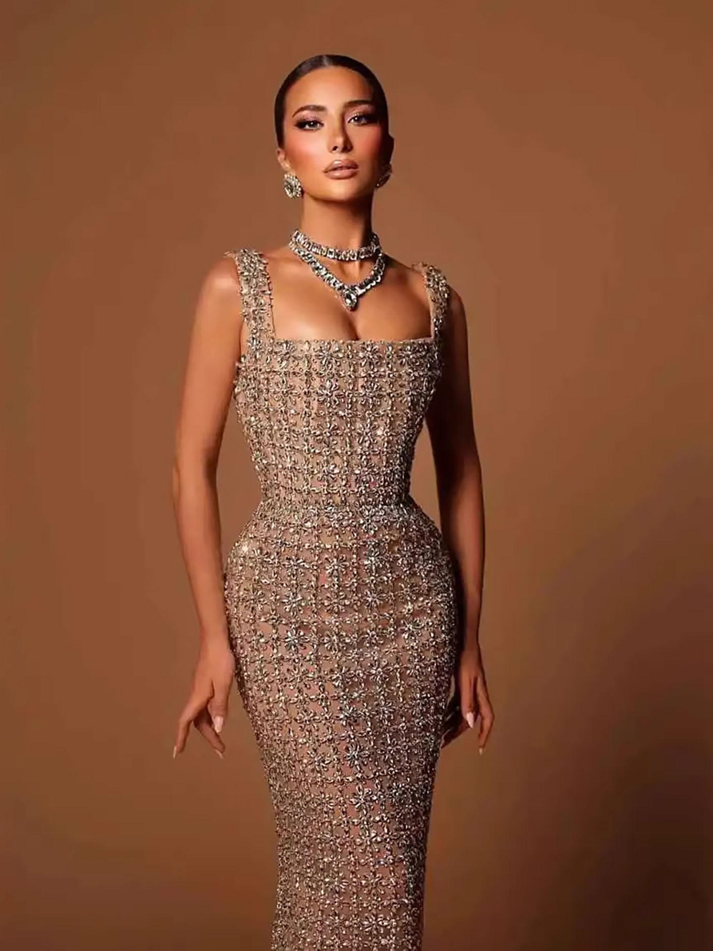 Luxury Nude Beaded Mermaid Evening Dress Puffy Sleeves CLA73671