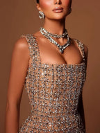 Luxury Nude Beaded Mermaid Evening Dress Puffy Sleeves CLA73671