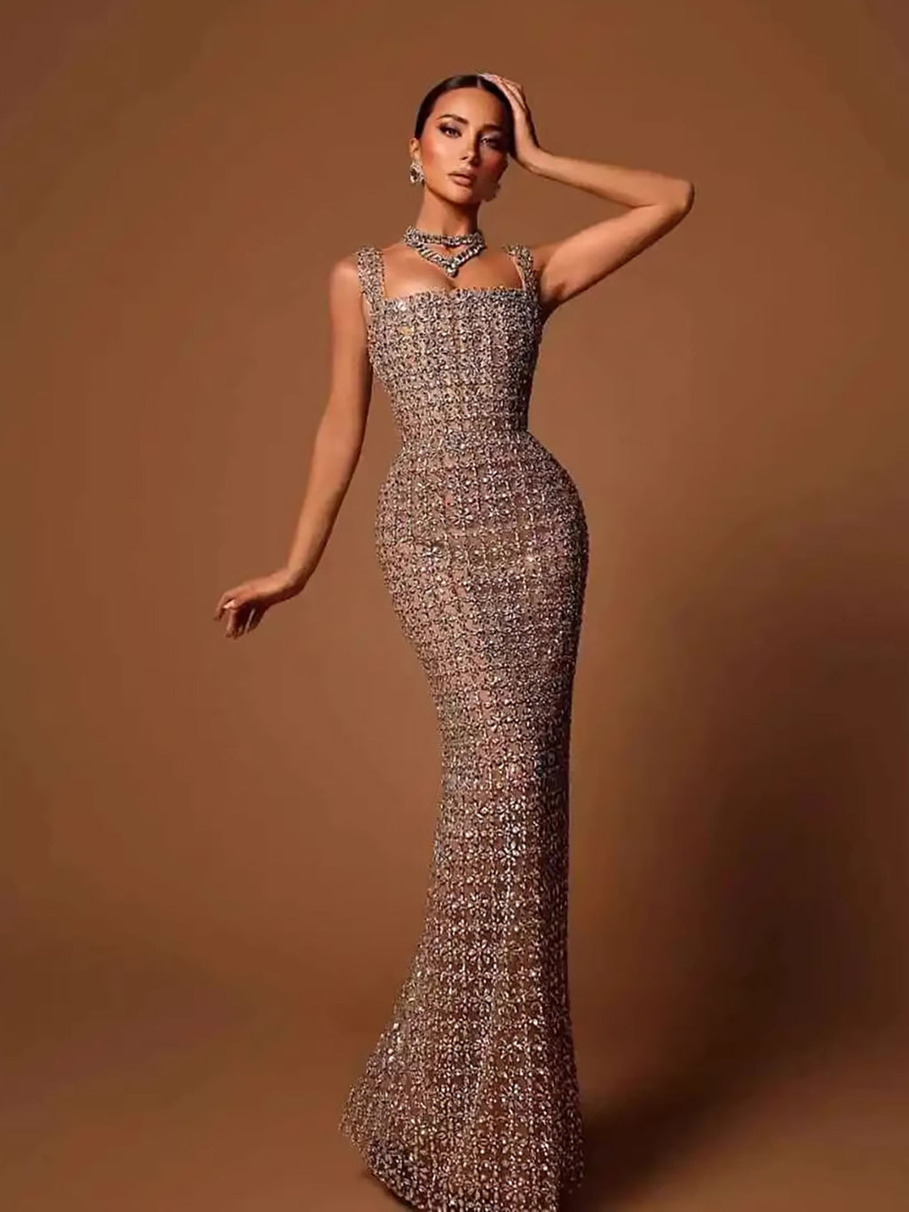 Luxury Nude Beaded Mermaid Evening Dress Puffy Sleeves CLA73671