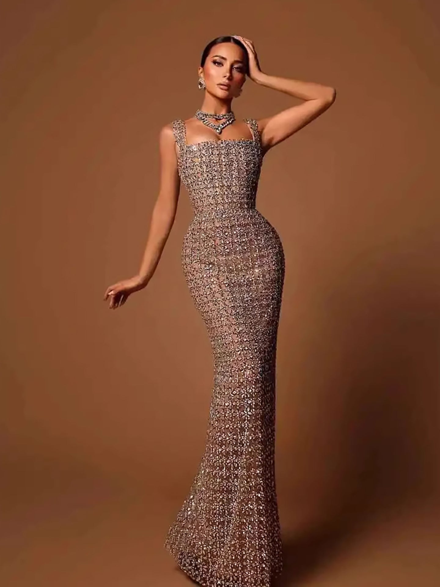 Luxury Nude Beaded Mermaid Evening Dress Puffy Sleeves CLA73671