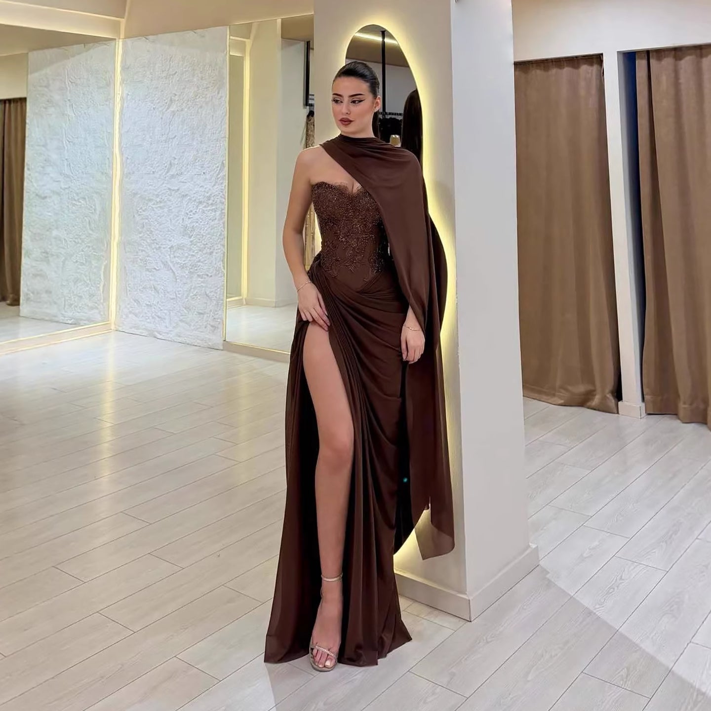 Luxury Brown CLAce Beaded Strapless Mermaid Dress CLA73672