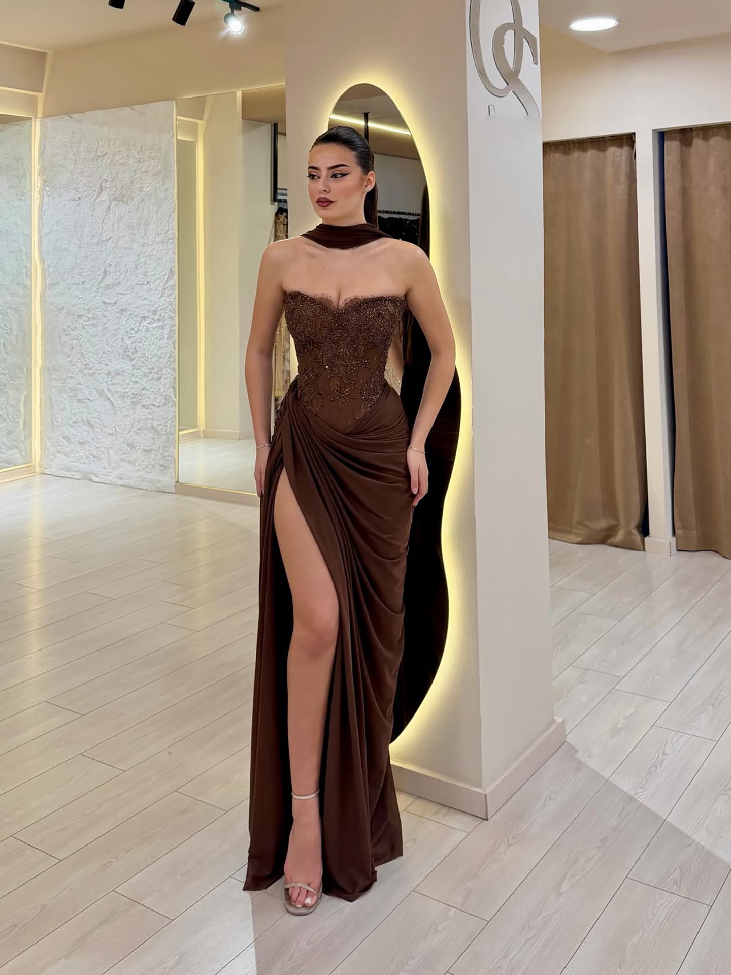 Luxury Brown CLAce Beaded Strapless Mermaid Dress CLA73672