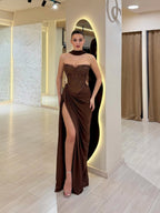 Luxury Brown CLAce Beaded Strapless Mermaid Dress CLA73672