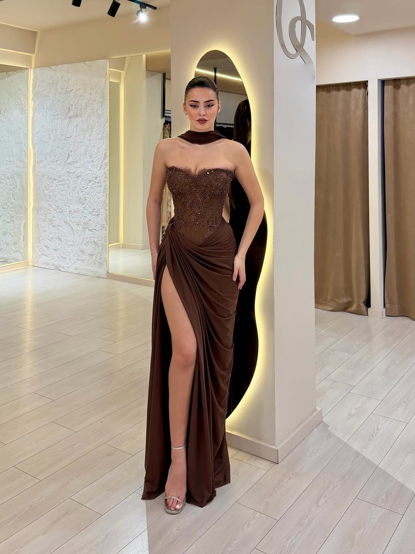 Luxury Brown CLAce Beaded Strapless Mermaid Dress CLA73672