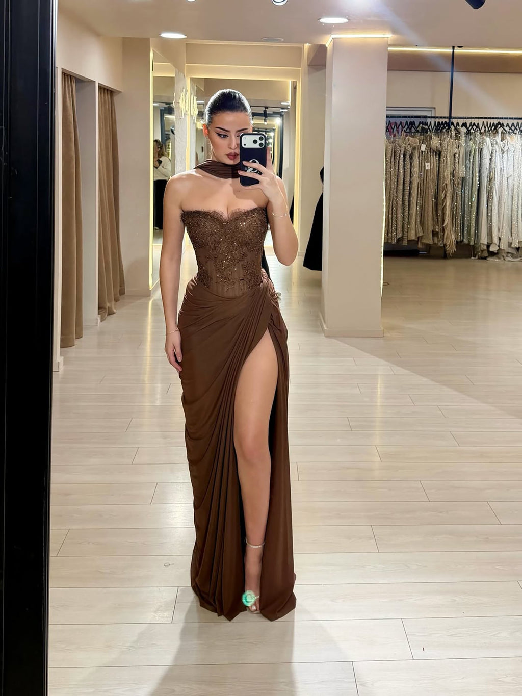 Luxury Brown CLAce Beaded Strapless Mermaid Dress CLA73672
