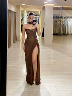 Luxury Brown CLAce Beaded Strapless Mermaid Dress CLA73672