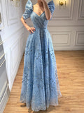 Luxury Blue Beaded A Line Evening Dress CLA73675