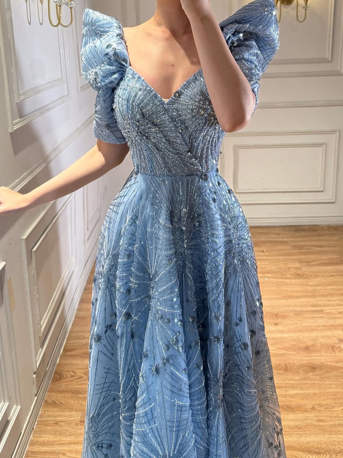 Luxury Blue Beaded A Line Evening Dress CLA73675