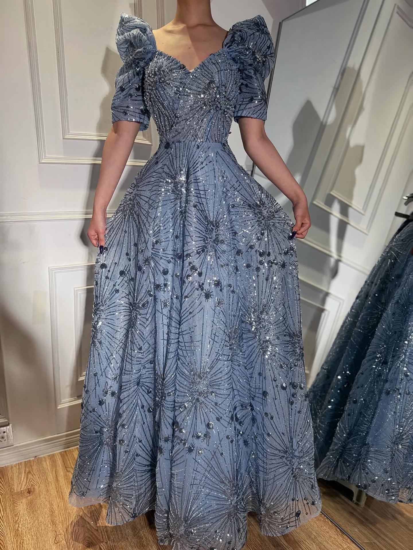 Luxury Blue Beaded A Line Evening Dress CLA73675