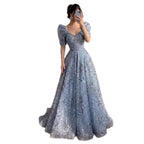 Luxury Blue Beaded A Line Evening Dress CLA73675