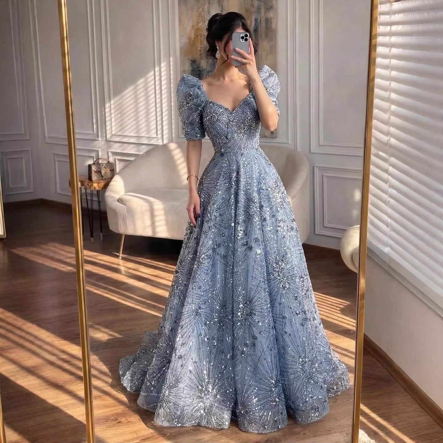 Luxury Blue Beaded A Line Evening Dress CLA73675