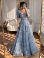 Luxury Blue Beaded A Line Evening Dress CLA73675
