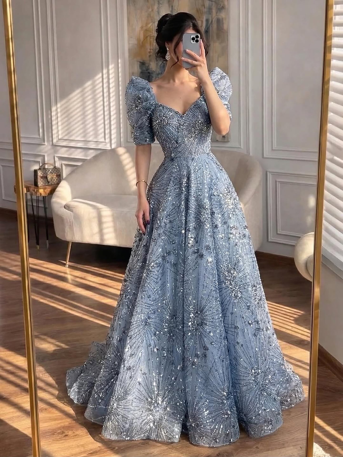 Luxury Blue Beaded A Line Evening Dress CLA73675