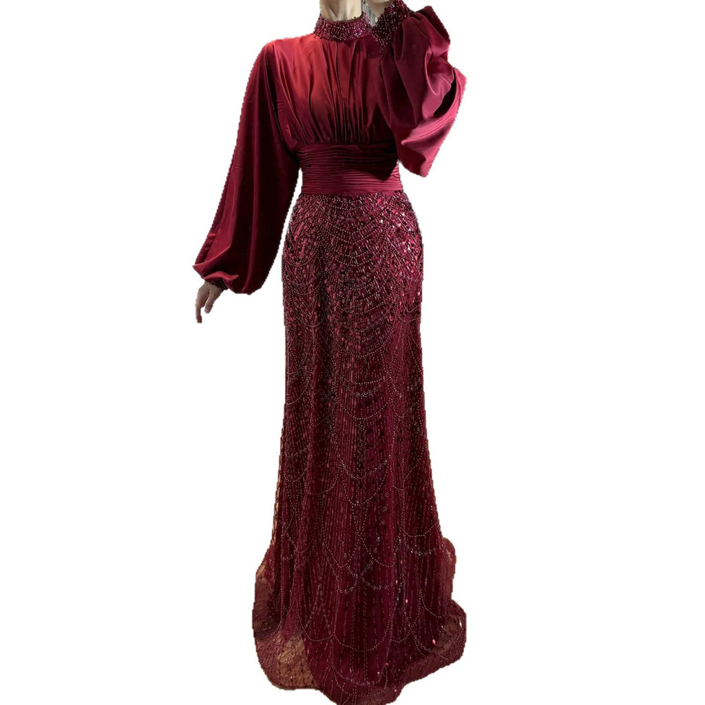 Luxury Muslim Green Satin Beaded Mermaid Evening Dress CLA73676