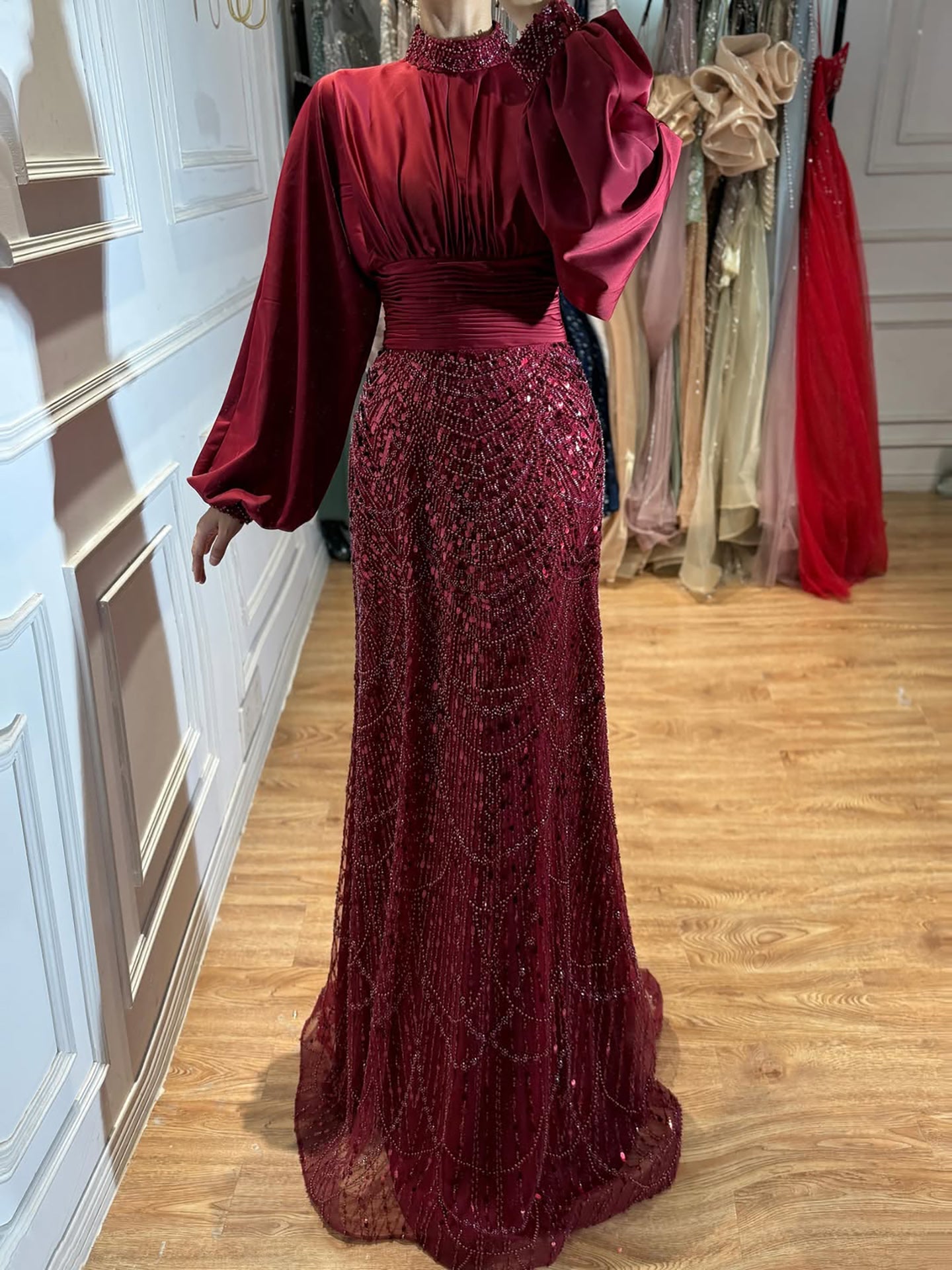 Luxury Muslim Green Satin Beaded Mermaid Evening Dress CLA73676