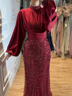 Luxury Muslim Green Satin Beaded Mermaid Evening Dress CLA73676