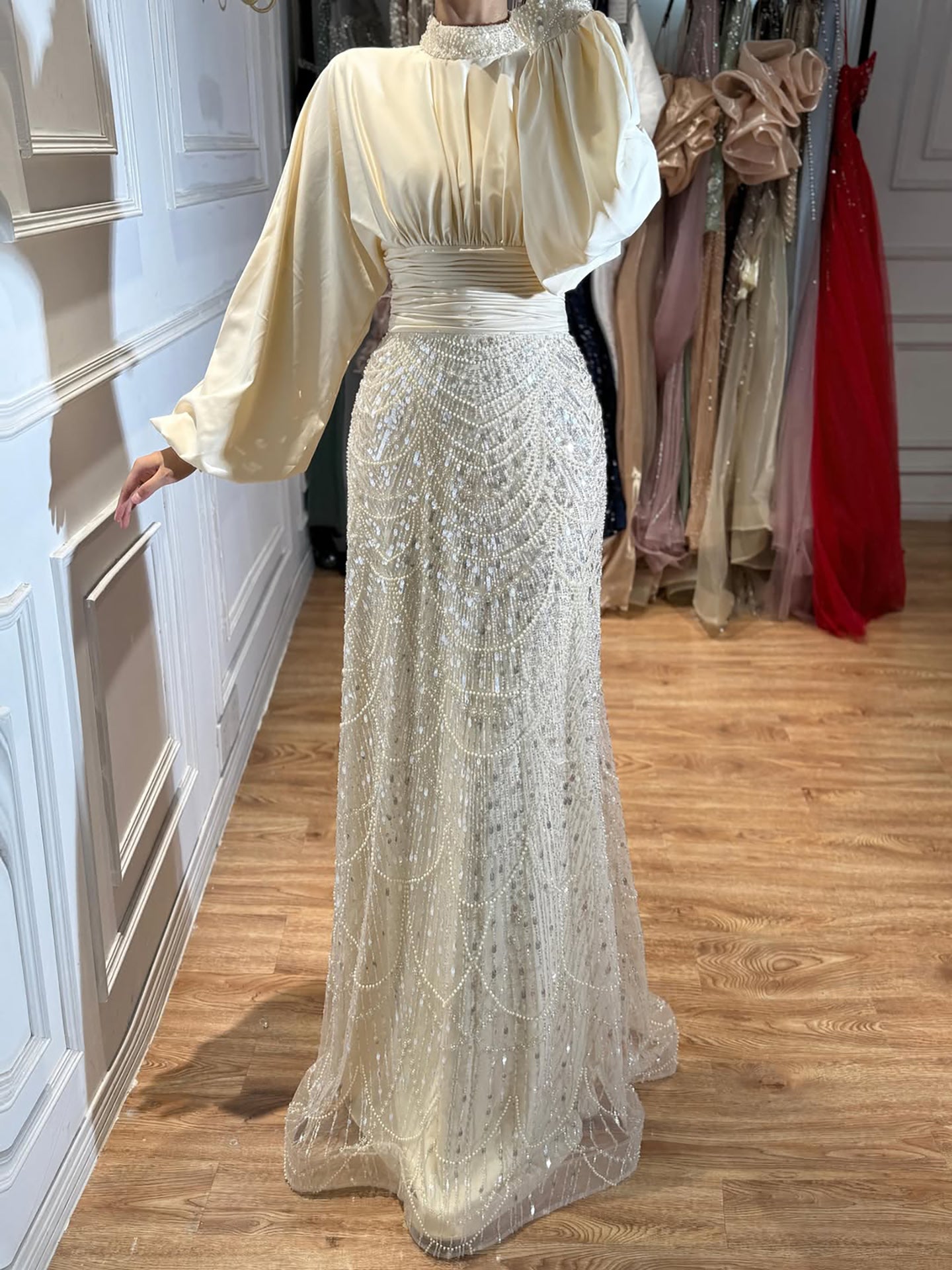 Luxury Muslim Green Satin Beaded Mermaid Evening Dress CLA73676