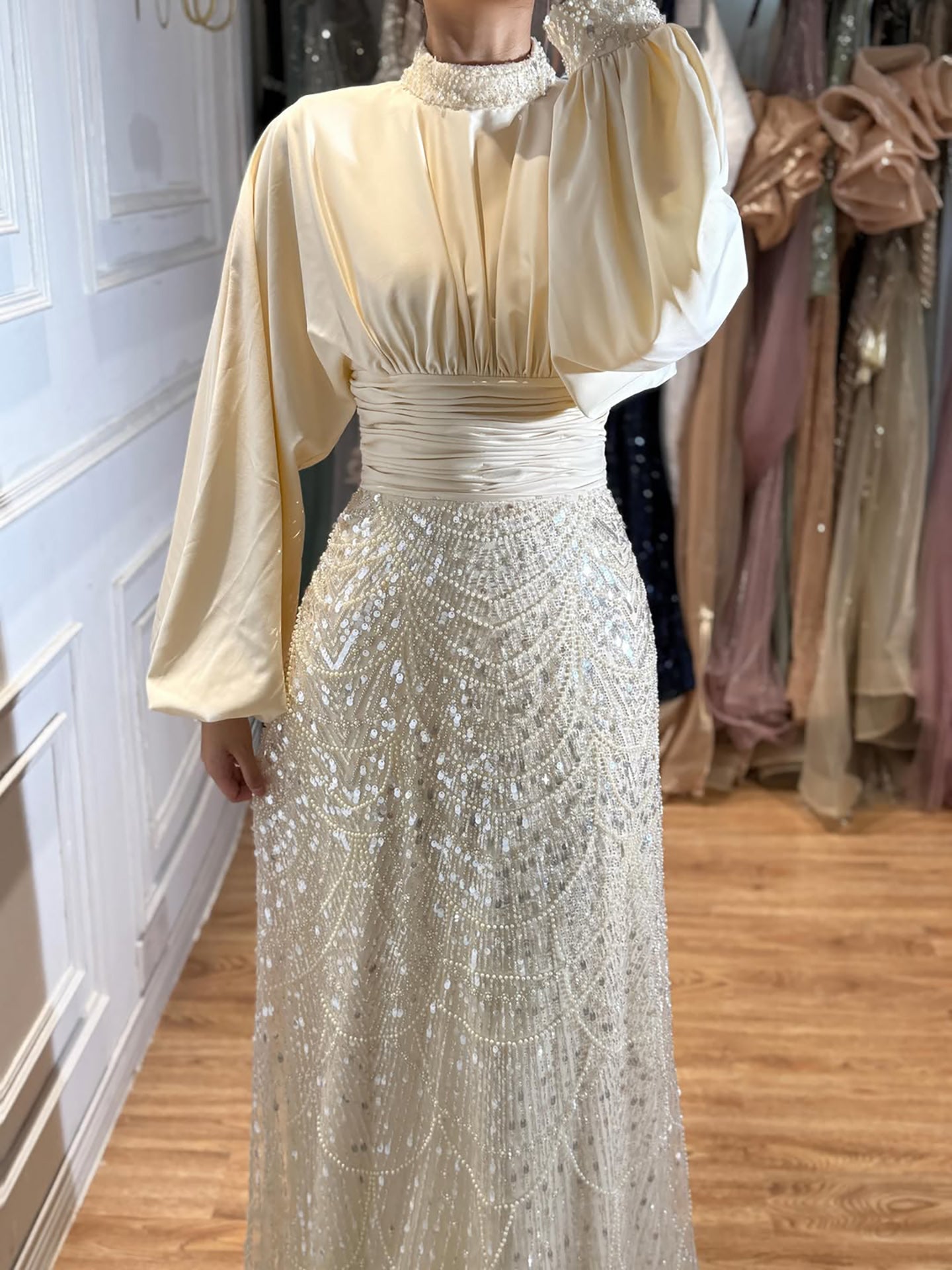 Luxury Muslim Green Satin Beaded Mermaid Evening Dress CLA73676