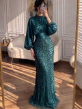 Luxury Muslim Green Satin Beaded Mermaid Evening Dress CLA73676