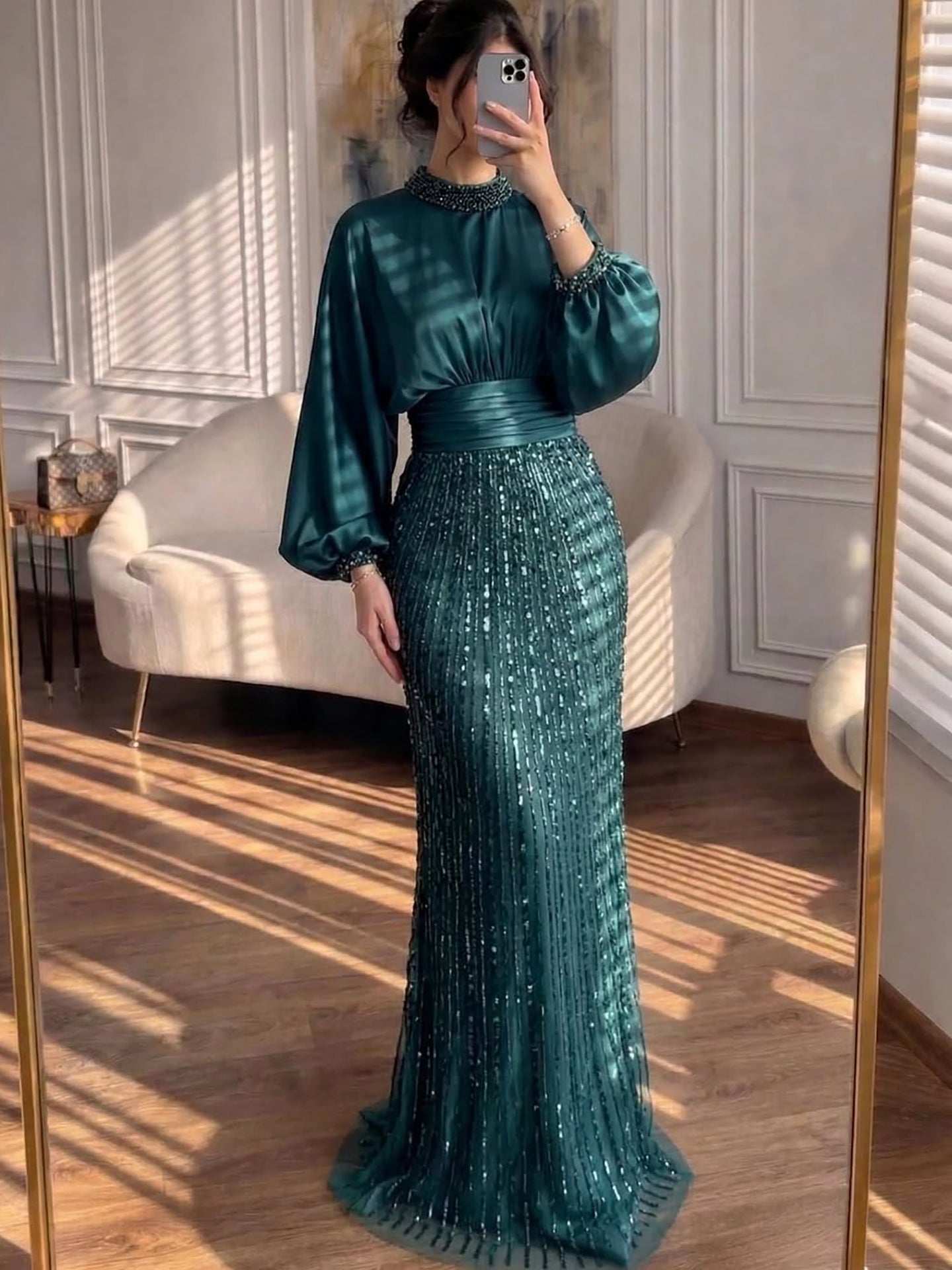 Luxury Muslim Green Satin Beaded Mermaid Evening Dress CLA73676