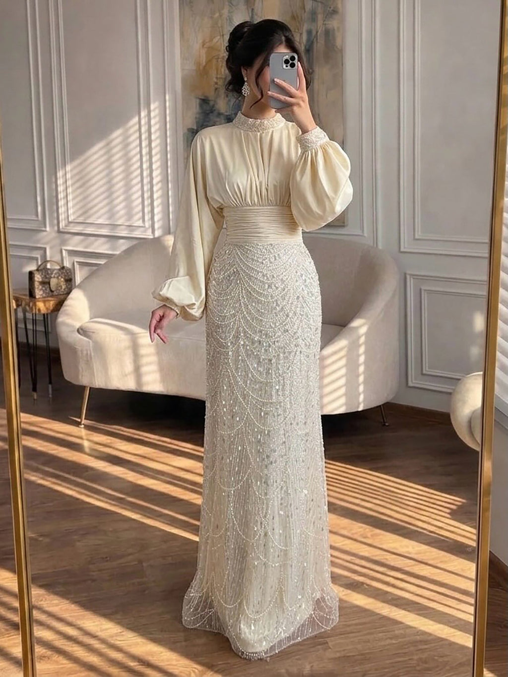 Luxury Muslim Green Satin Beaded Mermaid Evening Dress CLA73676