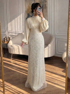 Luxury Muslim Green Satin Beaded Mermaid Evening Dress CLA73676