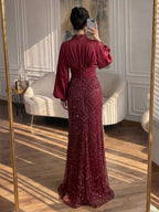 Luxury Muslim Green Satin Beaded Mermaid Evening Dress CLA73676