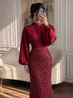 Luxury Muslim Green Satin Beaded Mermaid Evening Dress CLA73676
